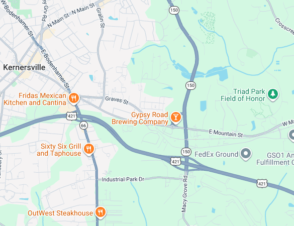 Acquired street map showing the Dinomite location in Kernersville