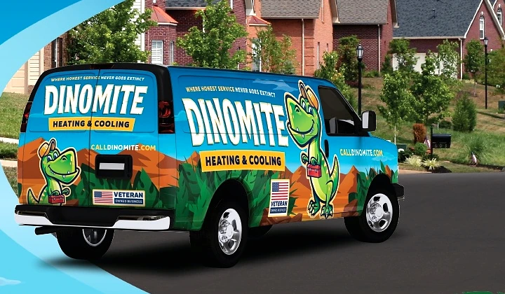 Dinomite’s branded service van pictured in a residential neighborhood